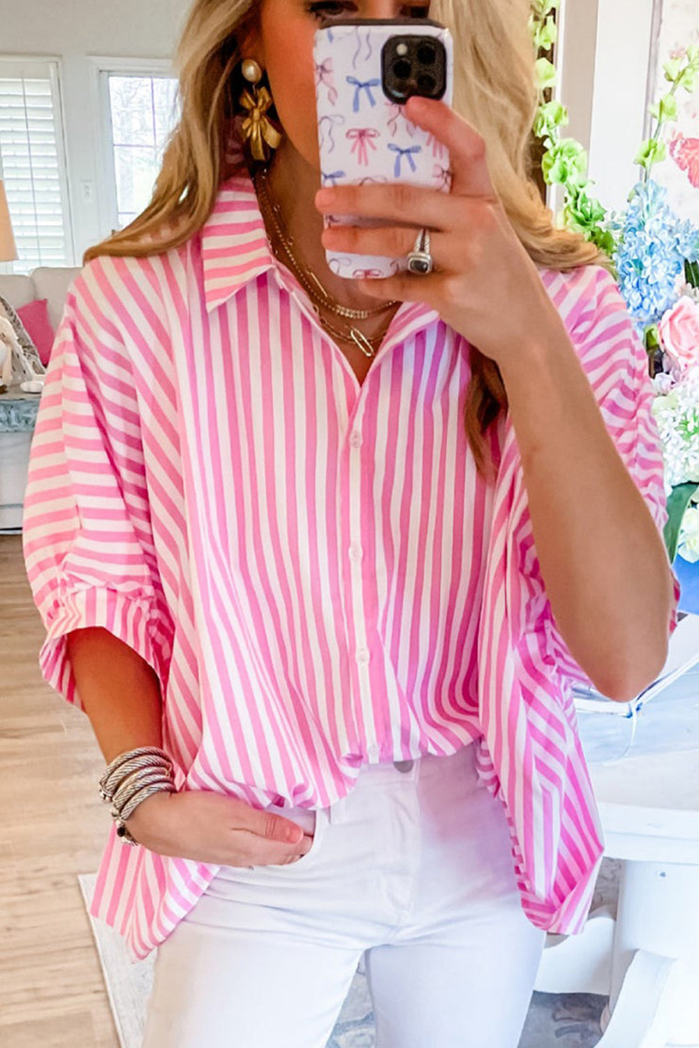 Stripe Button Up Dolman Shirt